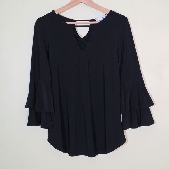 Joseph Ribkoff Top Womens 6 Black V Neck 3/4 Tiered Sleeve High Low Hem Witchy - Picture 14 of 15